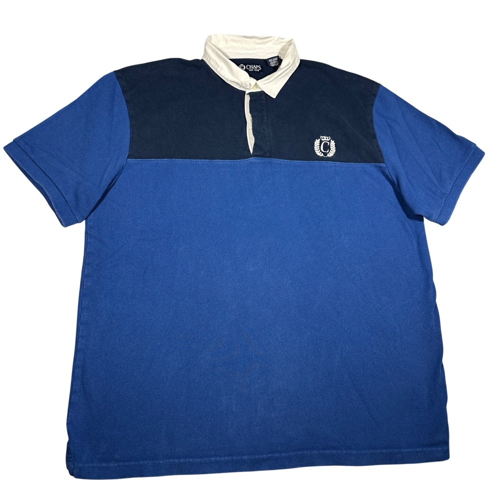 Chaps Mens XL Blue Colorblock Short Sleeve Rugby Shirt Cotton Crest Logo 1166